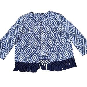J. McLaughlin Blue White Diamond Jacquard Crop Open Blazer Crochet Tassels Sz L